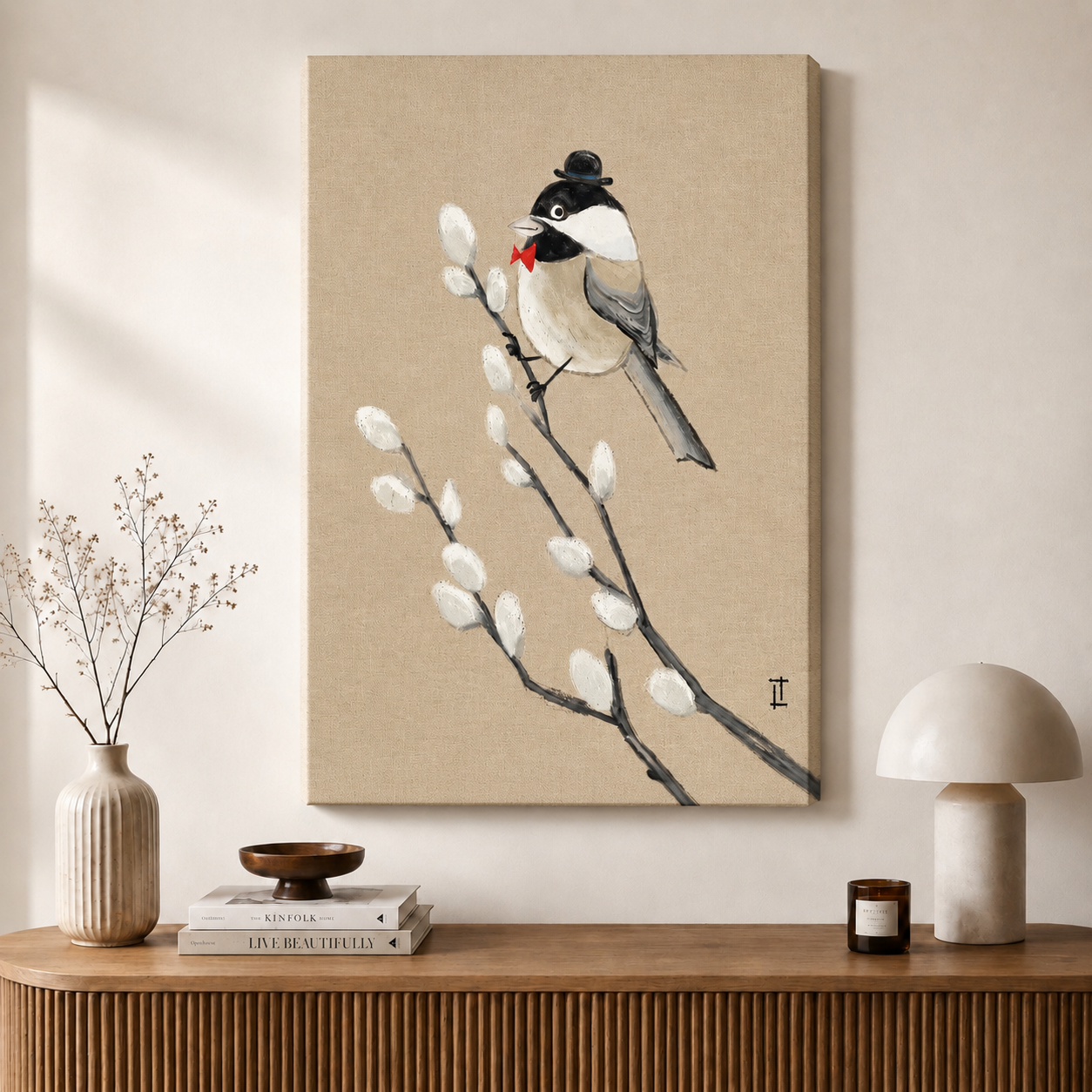 Dapper Bird Bowler Hat Whimsical Canvas Art
