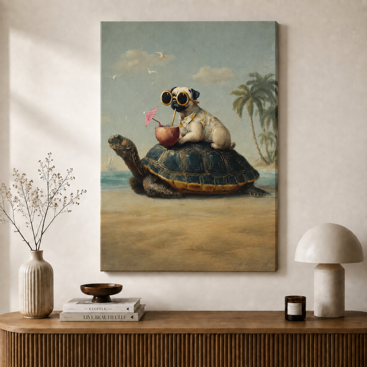 Vintage Pug on Turtle Beach Canvas Art