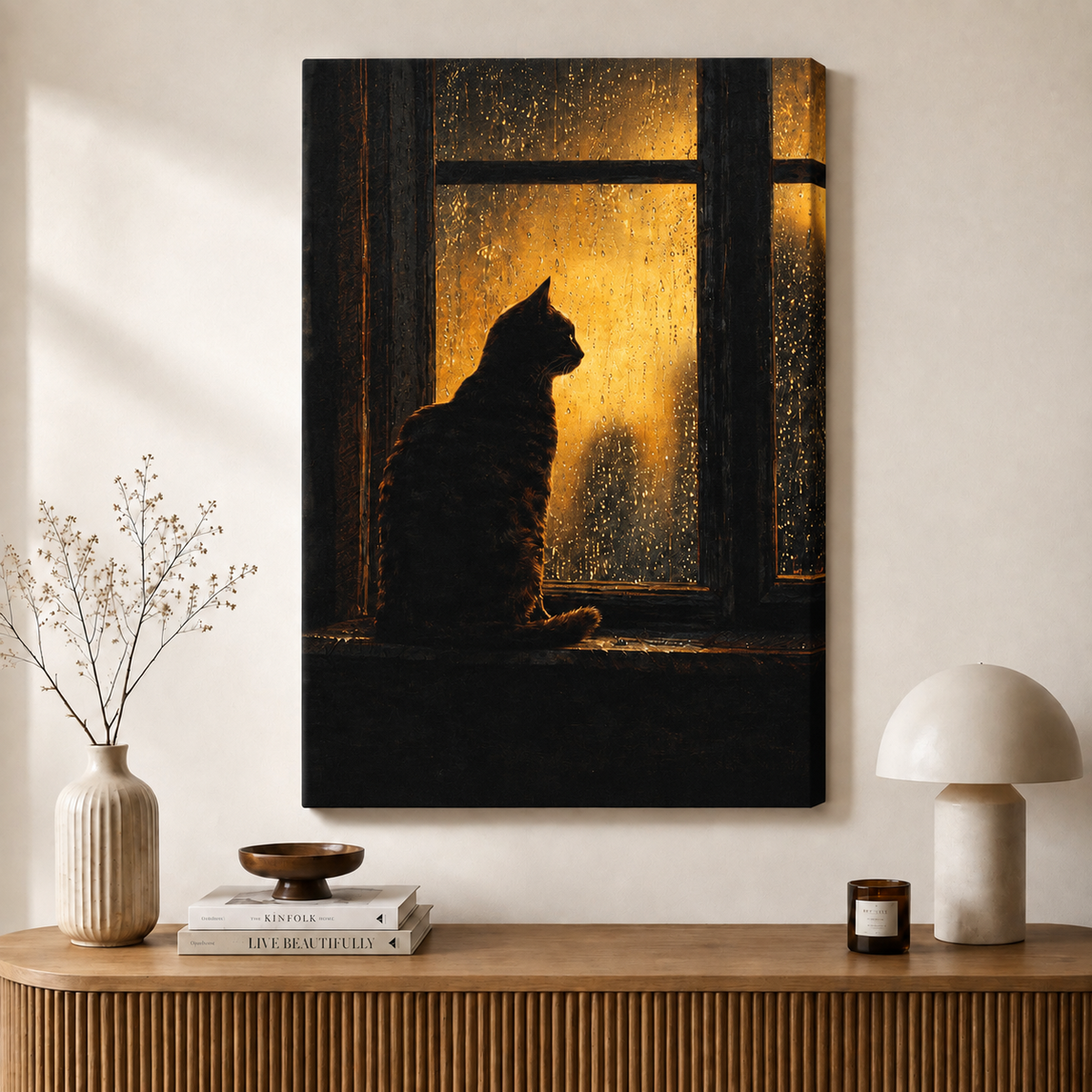 Moody Black Cat Rainy Window Canvas Art
