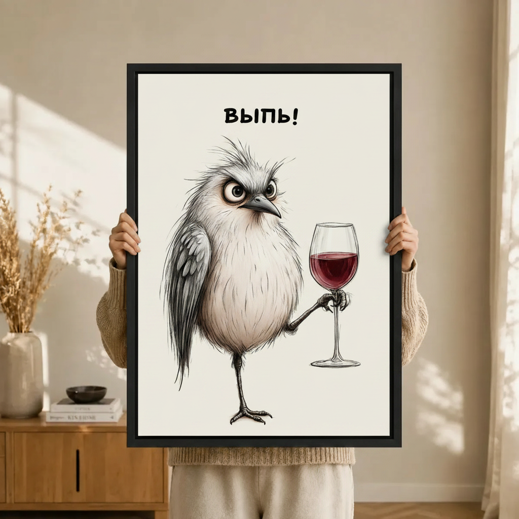 Grumpy Bird Wine Sketch Funny Canvas Print