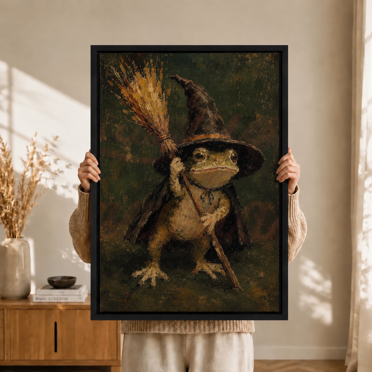 Witch Frog Broom Canvas Wall Art