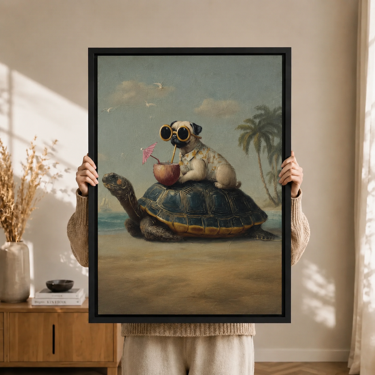 Vintage Pug on Turtle Beach Canvas Art
