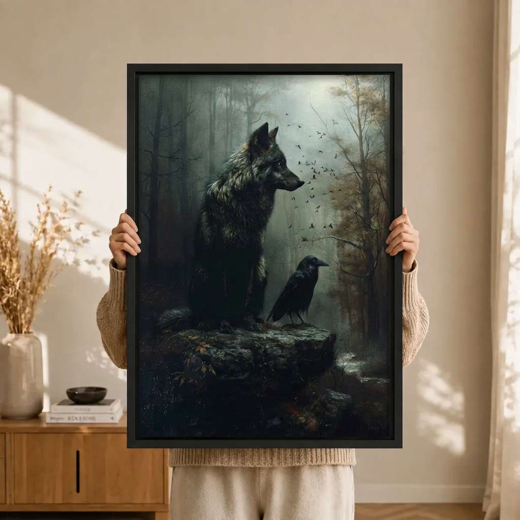 Dark Wolf Raven Mystic Forest Canvas Print