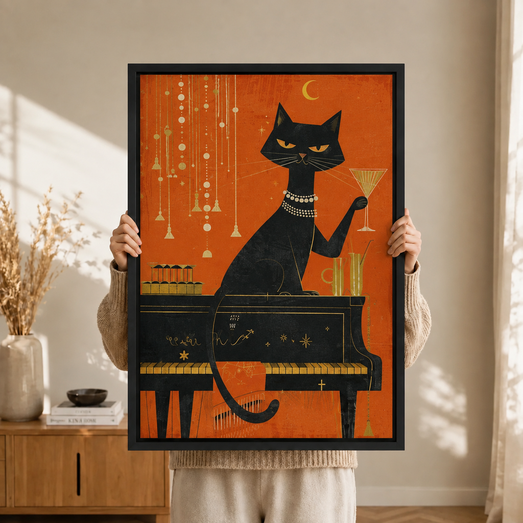 Jazz Cat Piano Martini Retro Canvas Wall Art