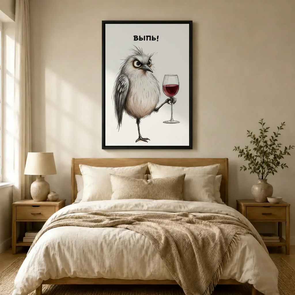 Grumpy Bird Wine Sketch Funny Canvas Print