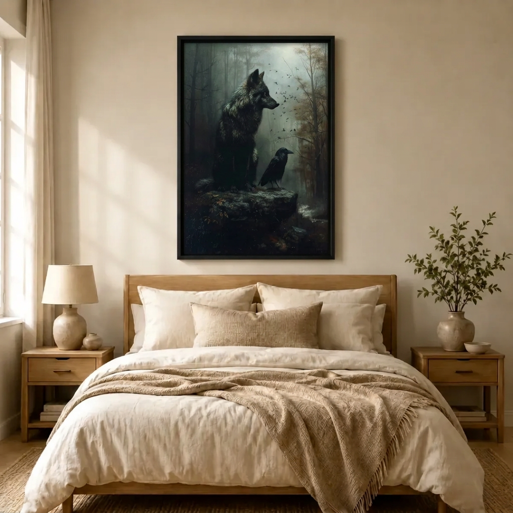 Dark Wolf Raven Mystic Forest Canvas Print