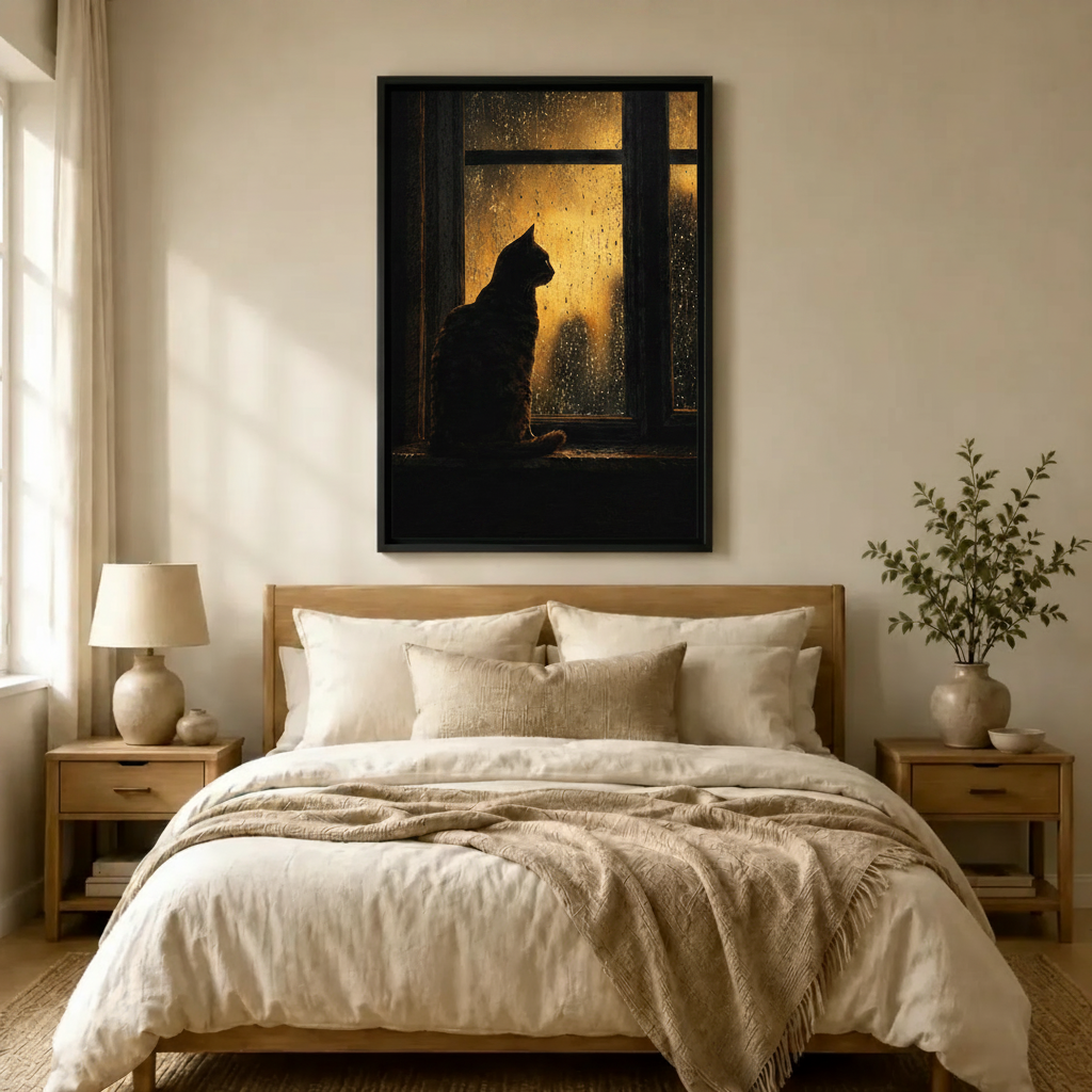 Moody Black Cat Rainy Window Canvas Art