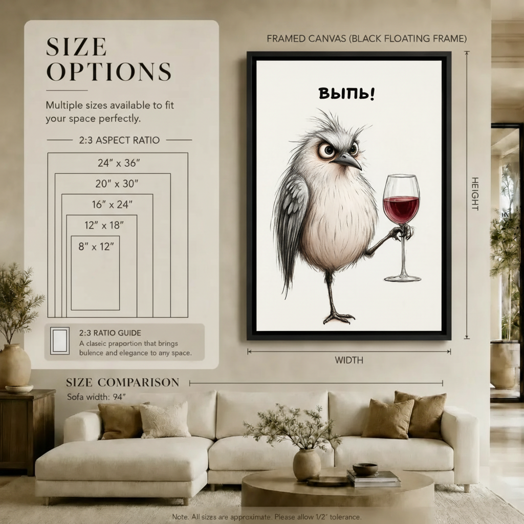 Grumpy Bird Wine Sketch Funny Canvas Print
