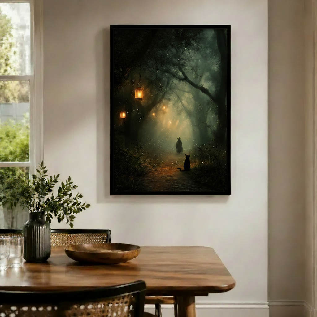 Witch & Black Cat Enchanted Forest Canvas Wall Art
