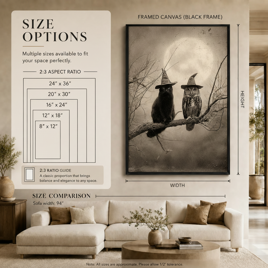 Black Cat Owl Witch Hat Moon Canvas Art