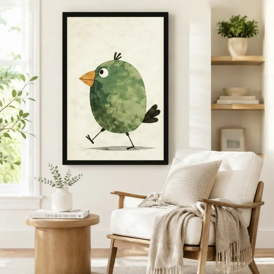Cute Green Bird Minimalist Kids Wall Art Print
