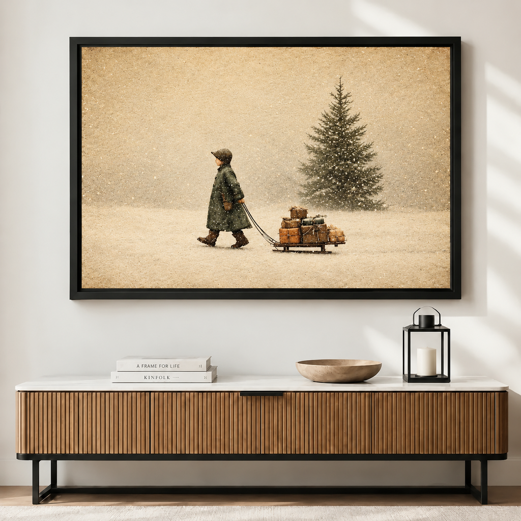 Vintage Christmas Winter Sled Scene Canvas Art