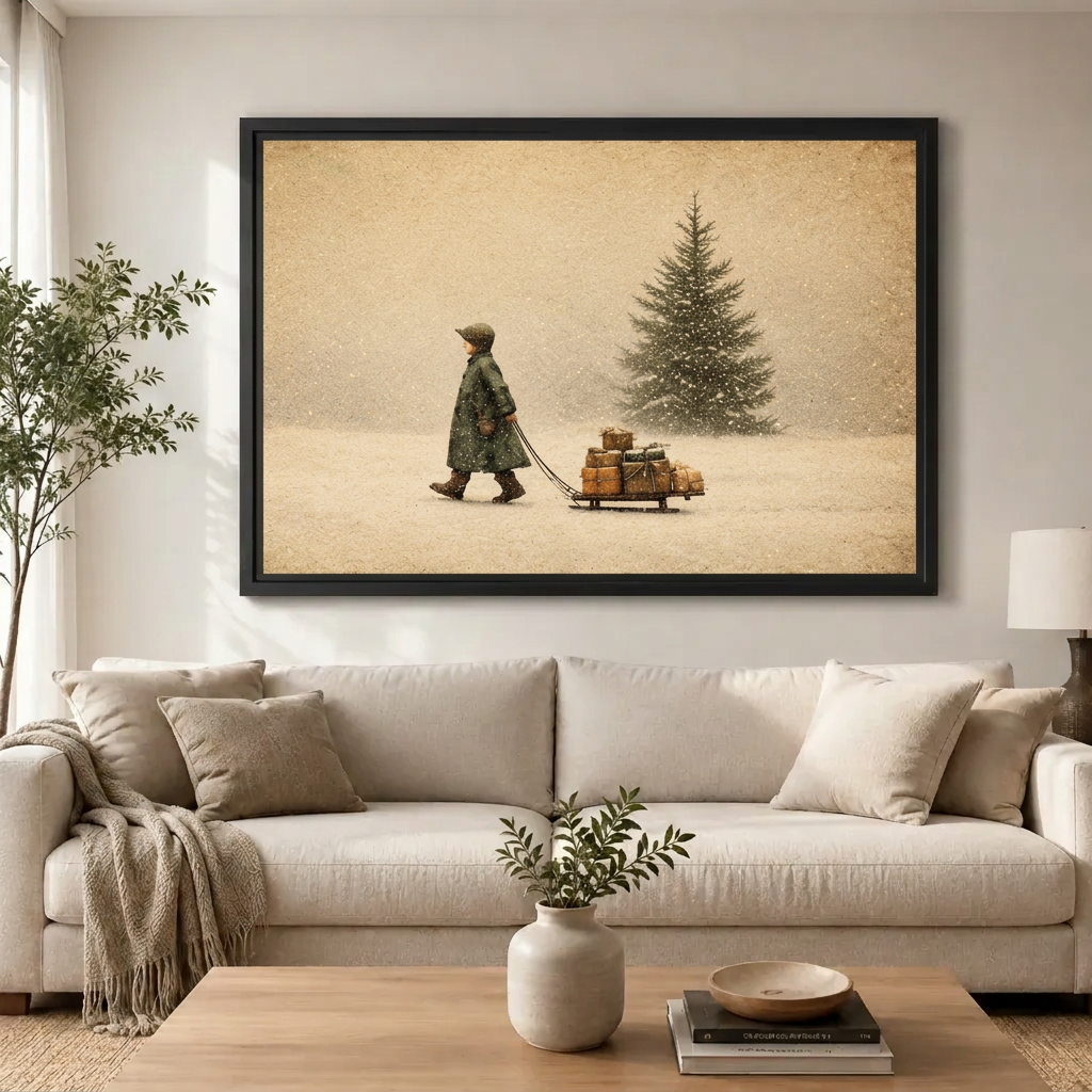 Vintage Christmas Winter Sled Scene Canvas Art