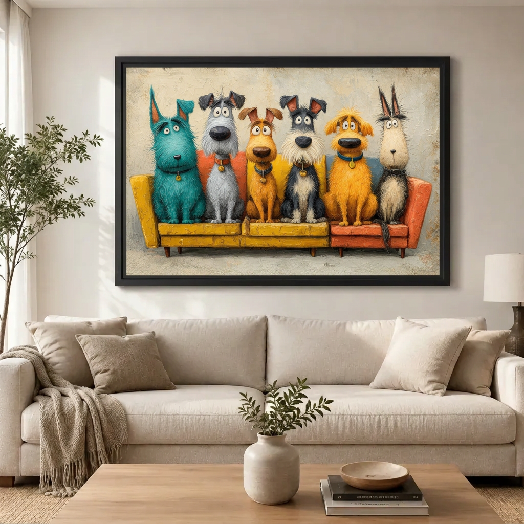 Colorful Cartoon Dogs Sofa Canvas Wall Art