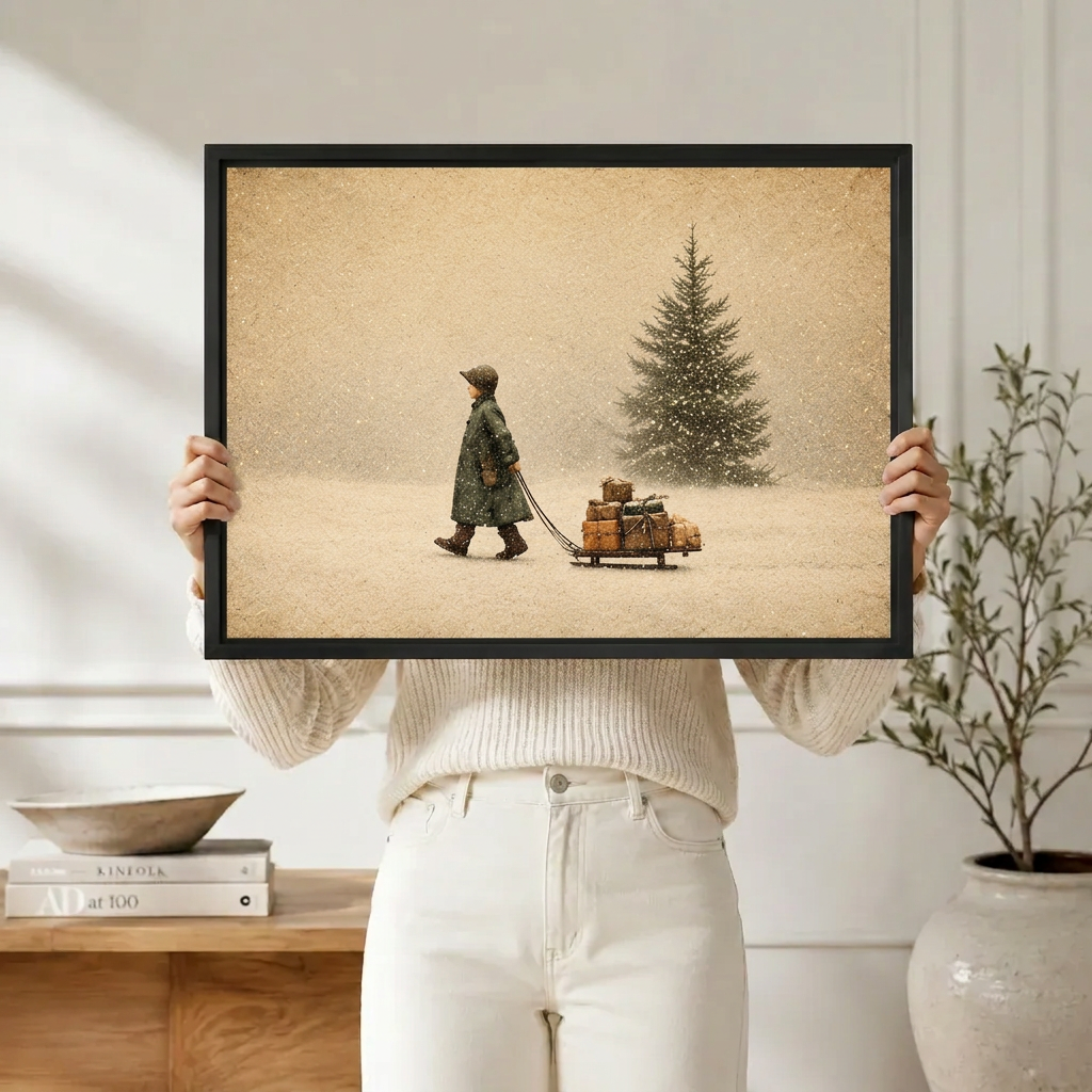 Vintage Christmas Winter Sled Scene Canvas Art