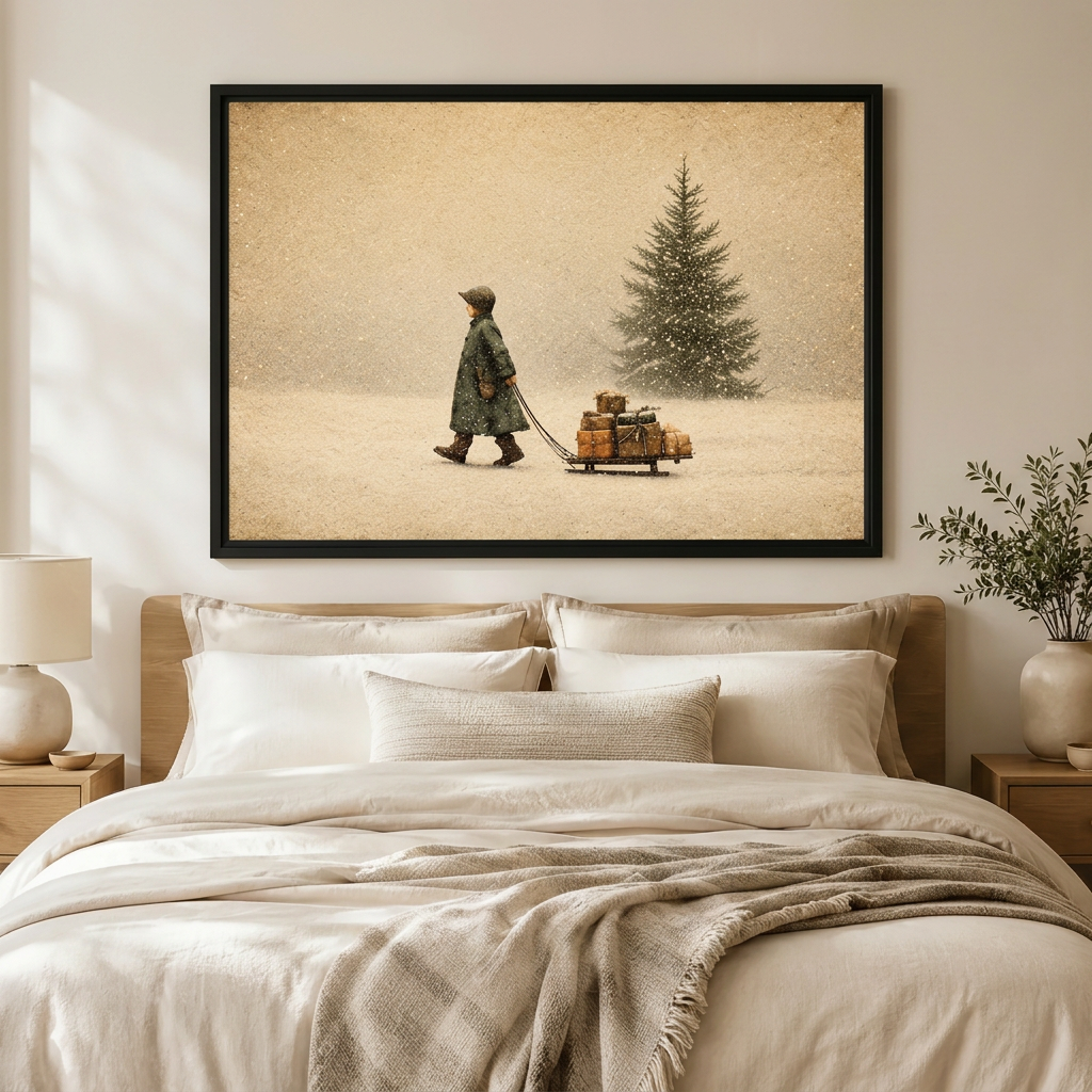 Vintage Christmas Winter Sled Scene Canvas Art