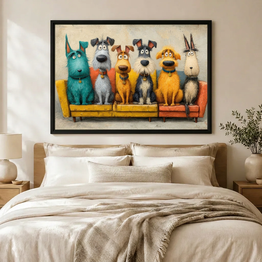 Colorful Cartoon Dogs Sofa Canvas Wall Art