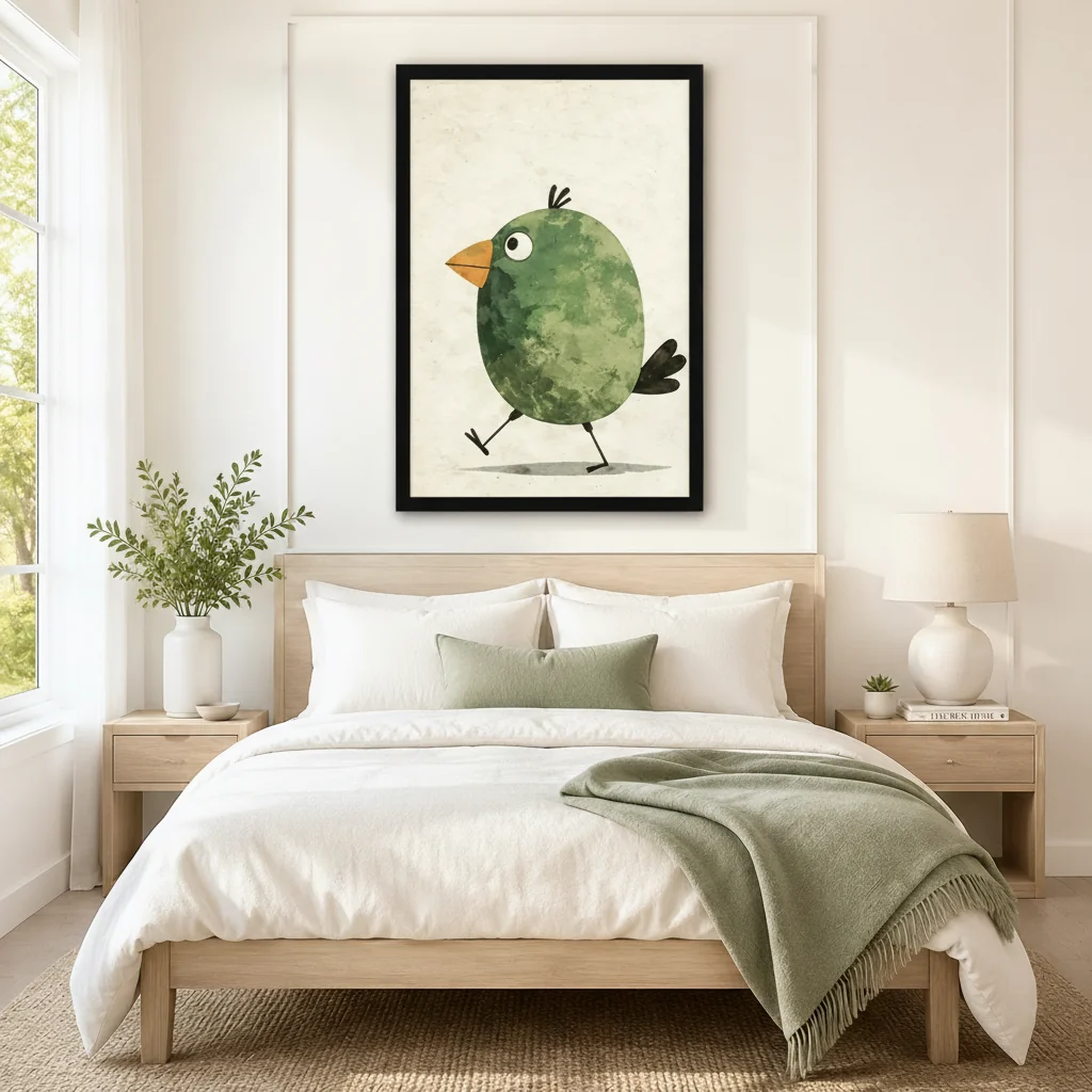 Cute Green Bird Minimalist Kids Wall Art Print