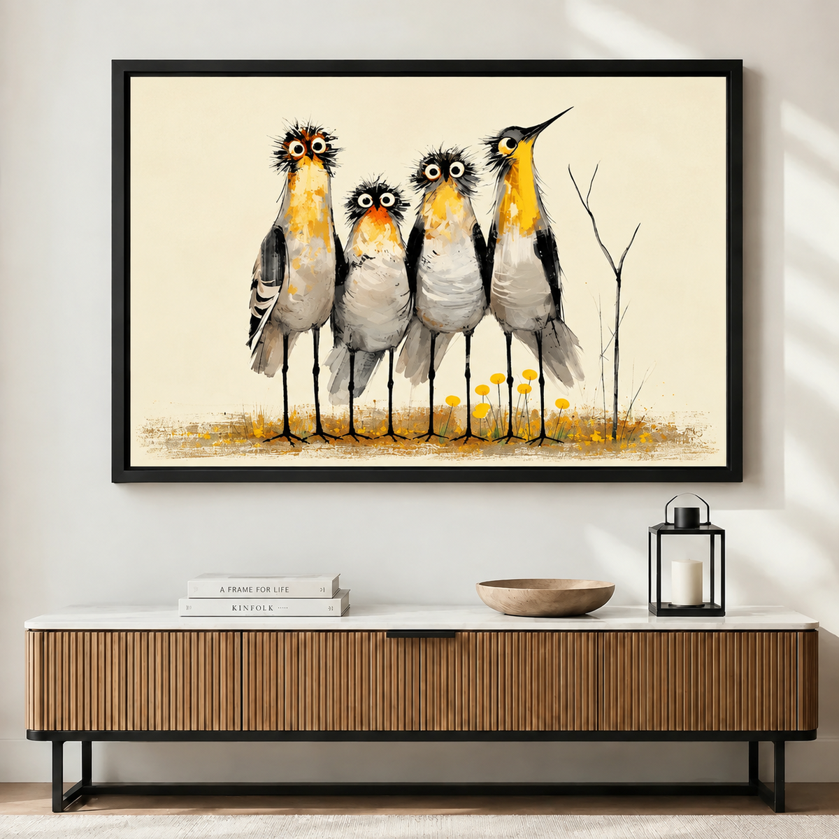Whimsical Bird Quartet Folk Art Canvas Print
