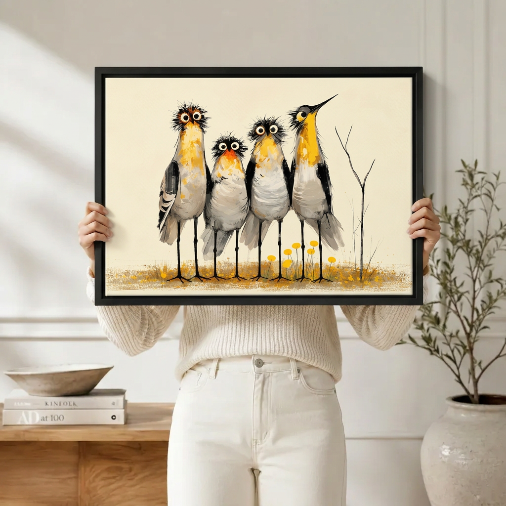 Whimsical Bird Quartet Folk Art Canvas Print