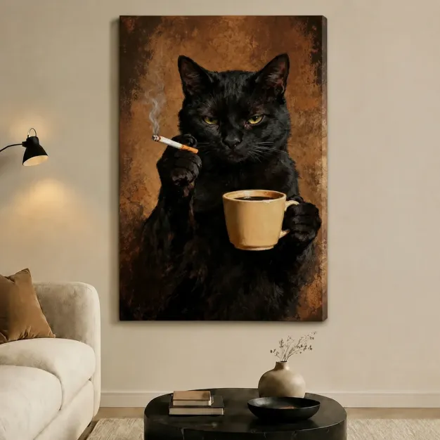 Black Cat Coffee Cigarette Dark Portrait Canvas Art