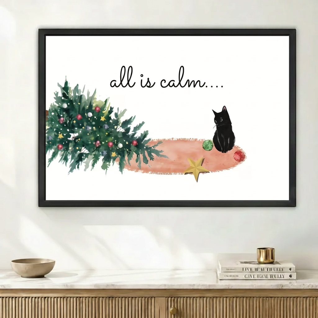 All Is Calm Black Cat Christmas Canvas