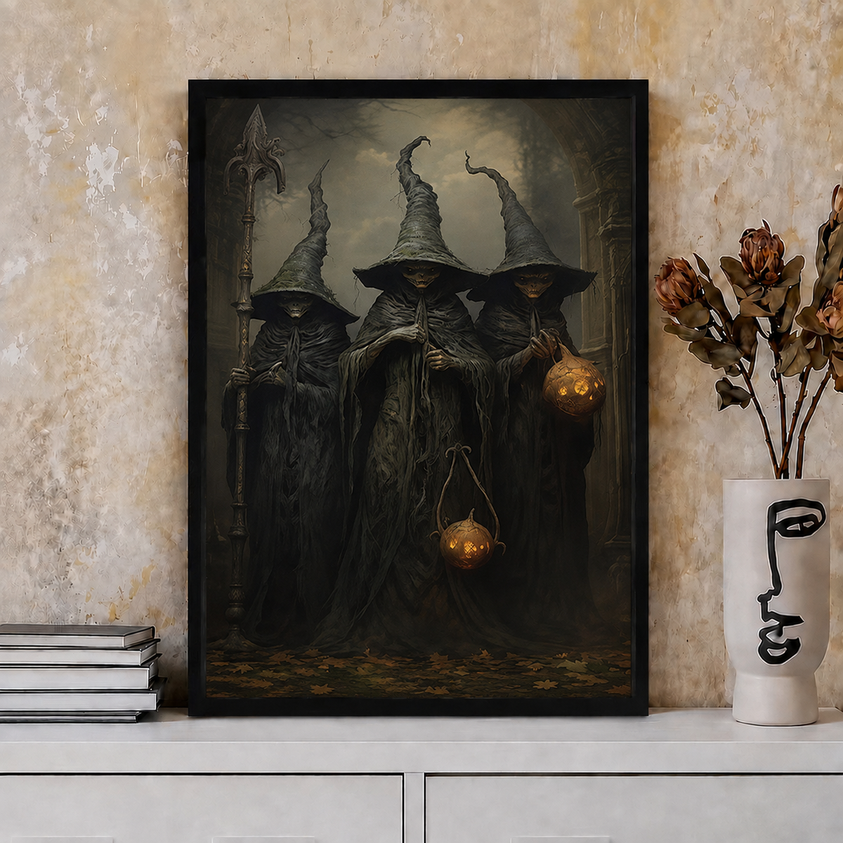 Three Witches Pumpkin Lantern Dark Gothic Canvas