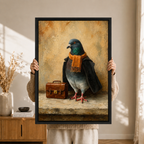 The Travelling Pigeon Canvas Art | Dapper Bird with Suitcase Wall Decor