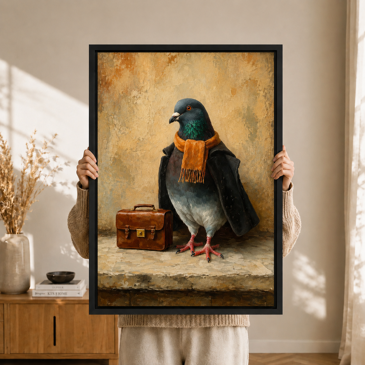The Travelling Pigeon Canvas Art | Dapper Bird with Suitcase Wall Decor