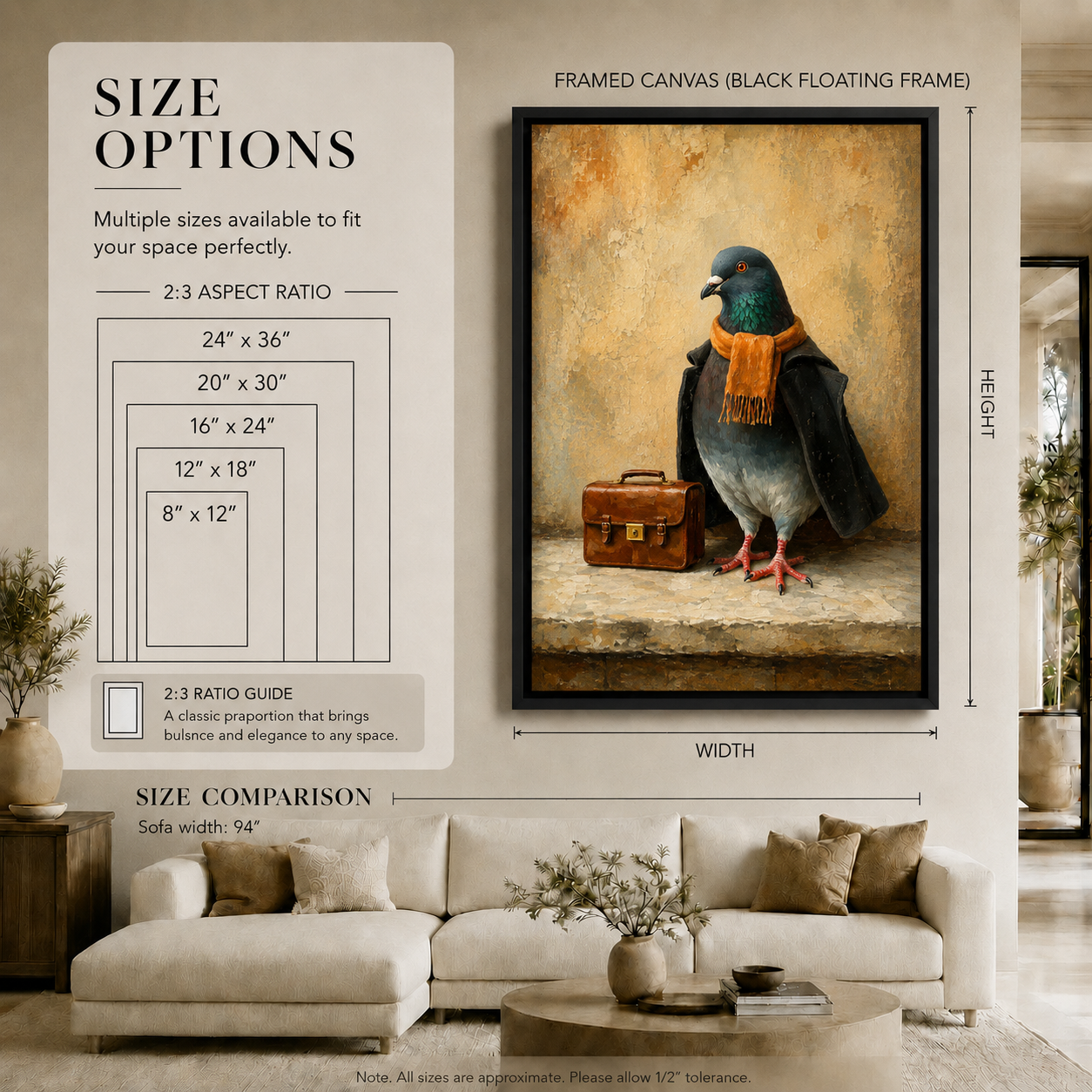 The Travelling Pigeon Canvas Art | Dapper Bird with Suitcase Wall Decor