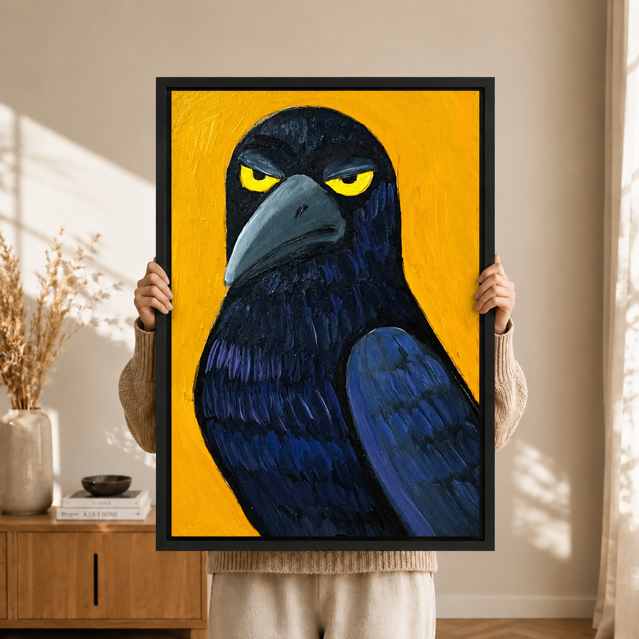 Grumpy Crow Yellow Eyes Bold Orange Expressionist Wall Art