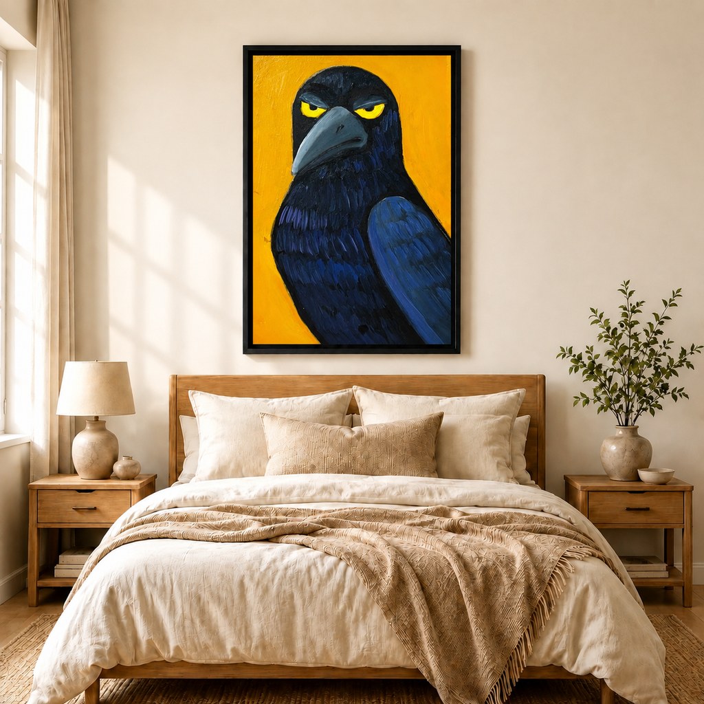 Grumpy Crow Yellow Eyes Bold Orange Expressionist Wall Art
