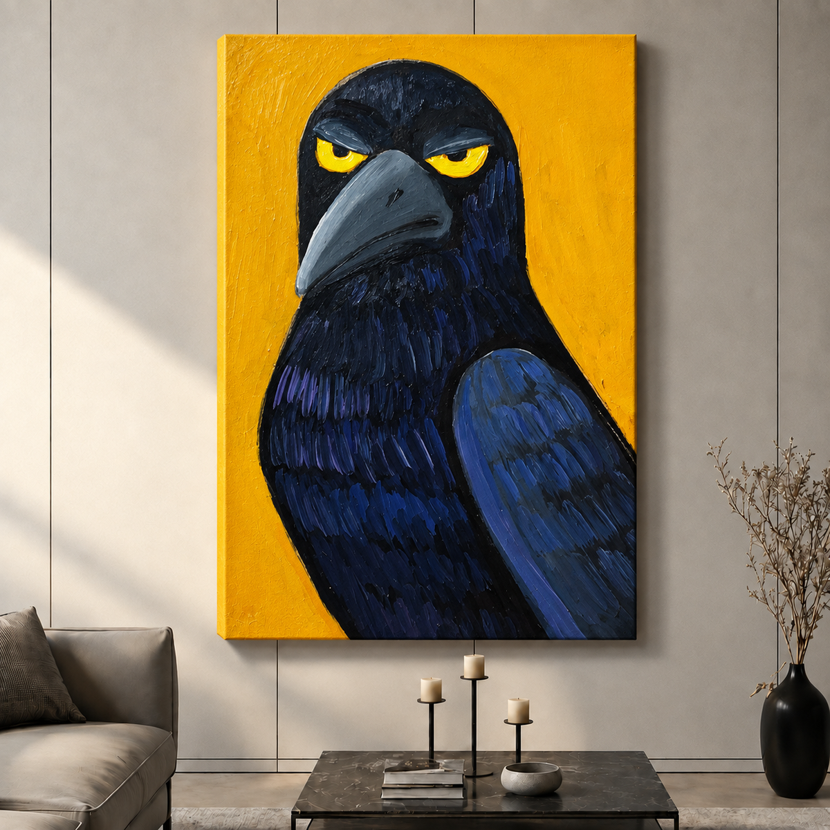 Grumpy Crow Yellow Eyes Bold Orange Expressionist Wall Art