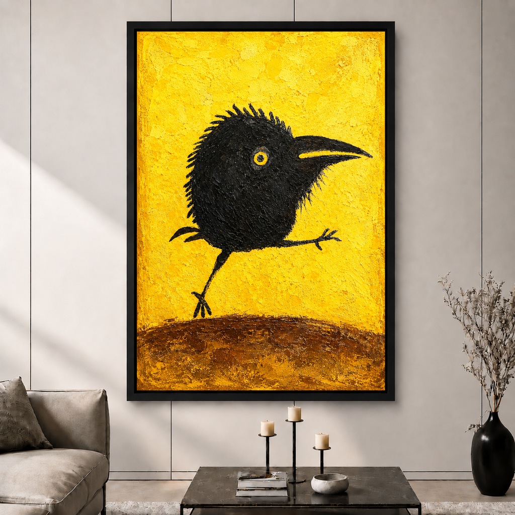 The Strut Canvas Art | Scrappy Black Crow Bold Yellow Expressionist Impasto Oil Painting Wall Decor
