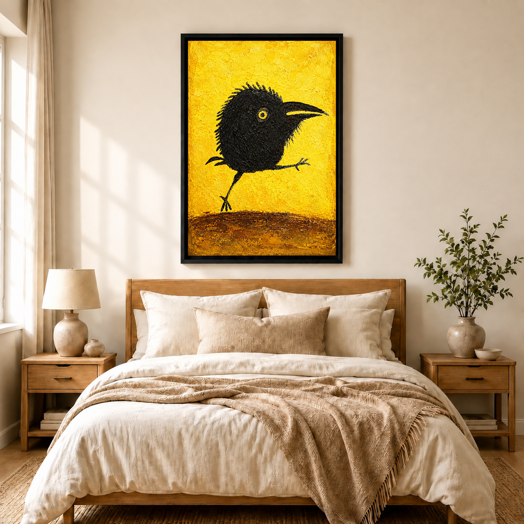 The Strut Canvas Art | Scrappy Black Crow Bold Yellow Expressionist Impasto Oil Painting Wall Decor