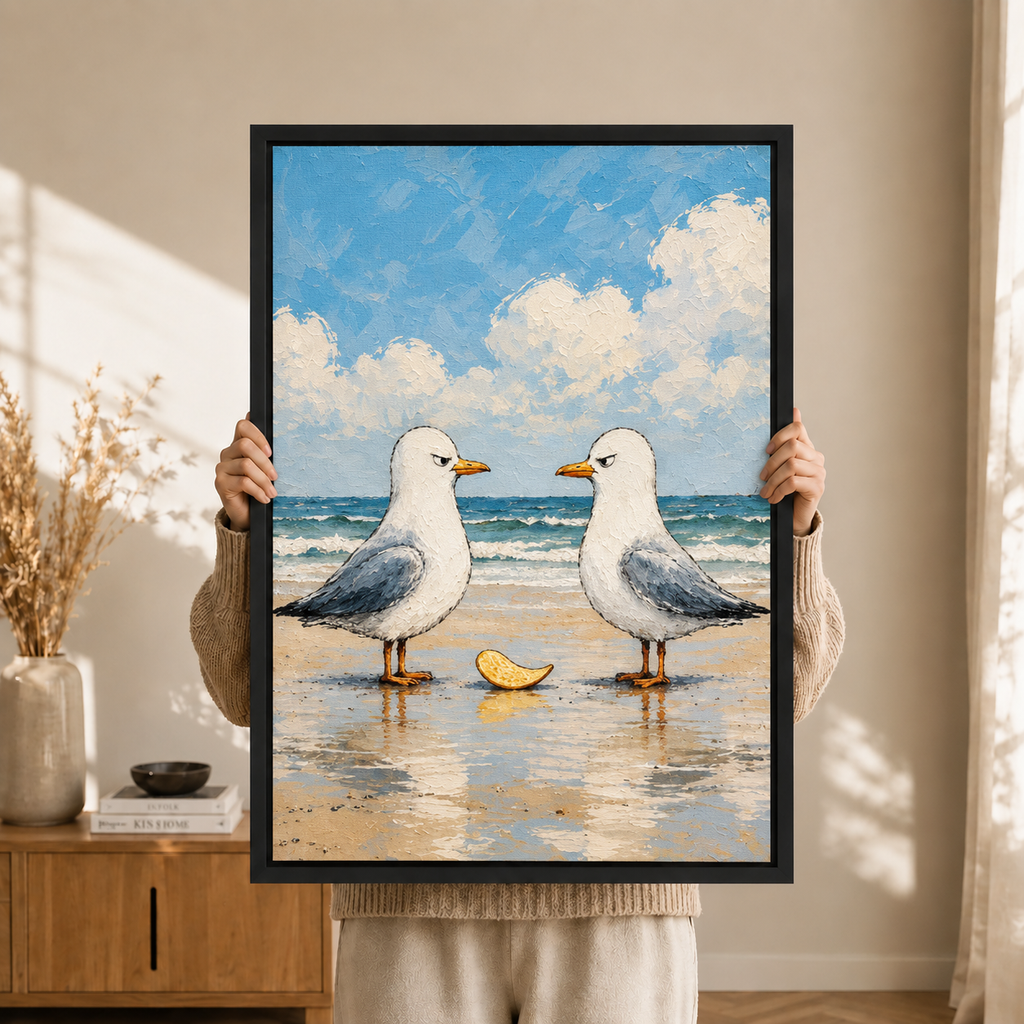 The Negotiation Canvas Art | Two Seagulls One Chip Beach Standoff Coastal Wall Art