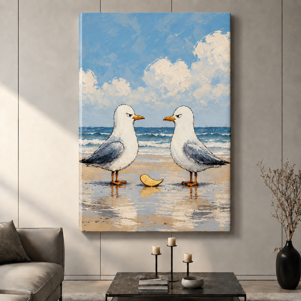 The Negotiation Canvas Art | Two Seagulls One Chip Beach Standoff Coastal Wall Art