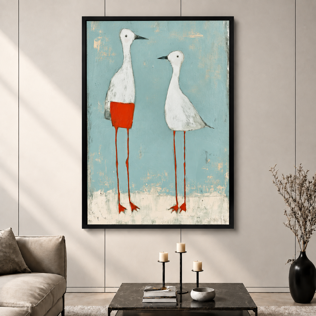 The Pair Canvas Art | Naive Bird Duo Minimalist Coastal Wall Decor