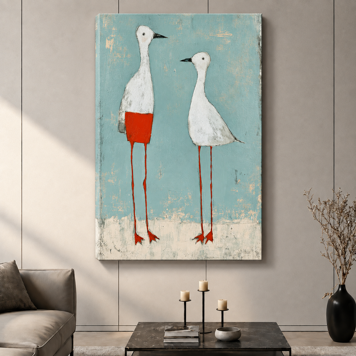 The Pair Canvas Art | Naive Bird Duo Minimalist Coastal Wall Decor