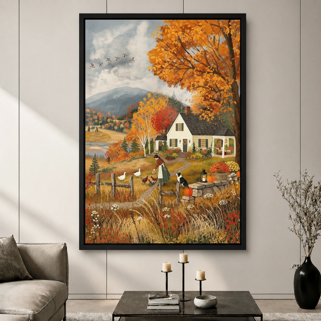 Framed canvas wall art of a girl feeding ducks and chickens on an autumn farm with a white cottage, pumpkins, golden maple trees and mountain backdrop, displayed in a modern living room
