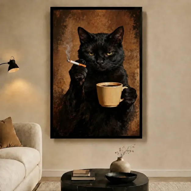 Black Cat Coffee Cigarette Dark Portrait Canvas Art