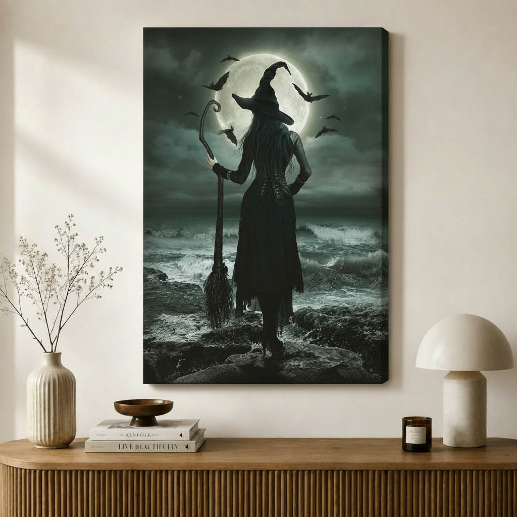 Gallery-wrapped dark fantasy canvas print of a silhouetted witch with broomstick standing on rocky cliffs under a glowing full moon surrounded by bats, styled above a wooden sideboard with minimalist decor
