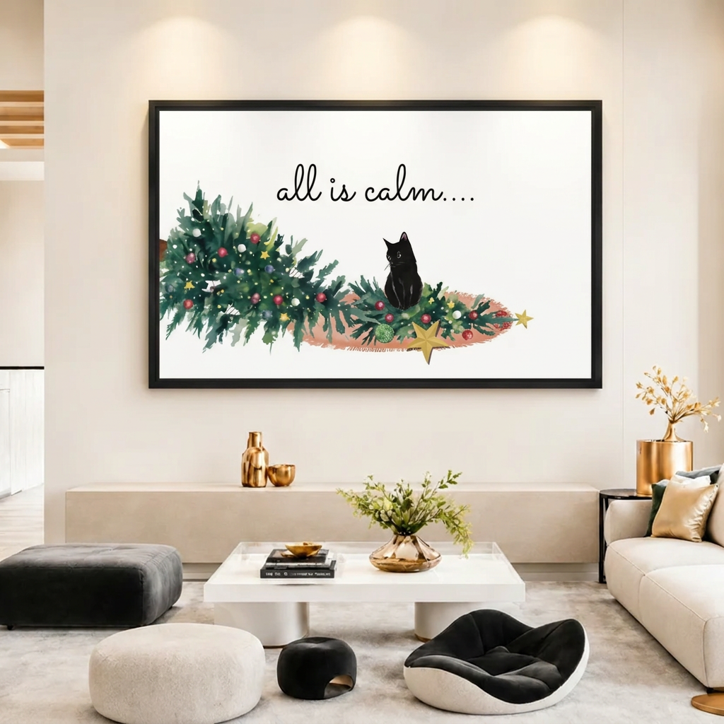 All Is Calm Black Cat Christmas Canvas