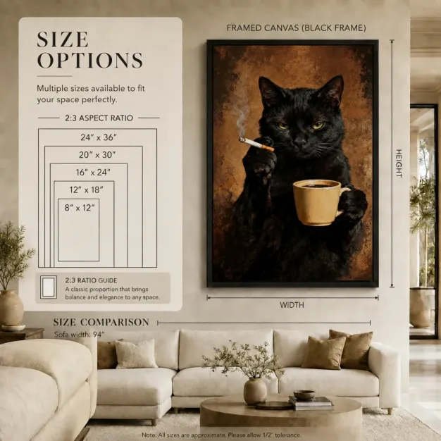 Black Cat Coffee Cigarette Dark Portrait Canvas Art