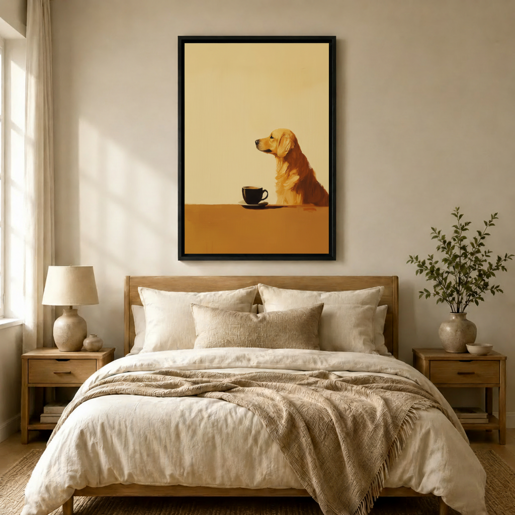 卧室场景 - 金毛犬咖啡油画