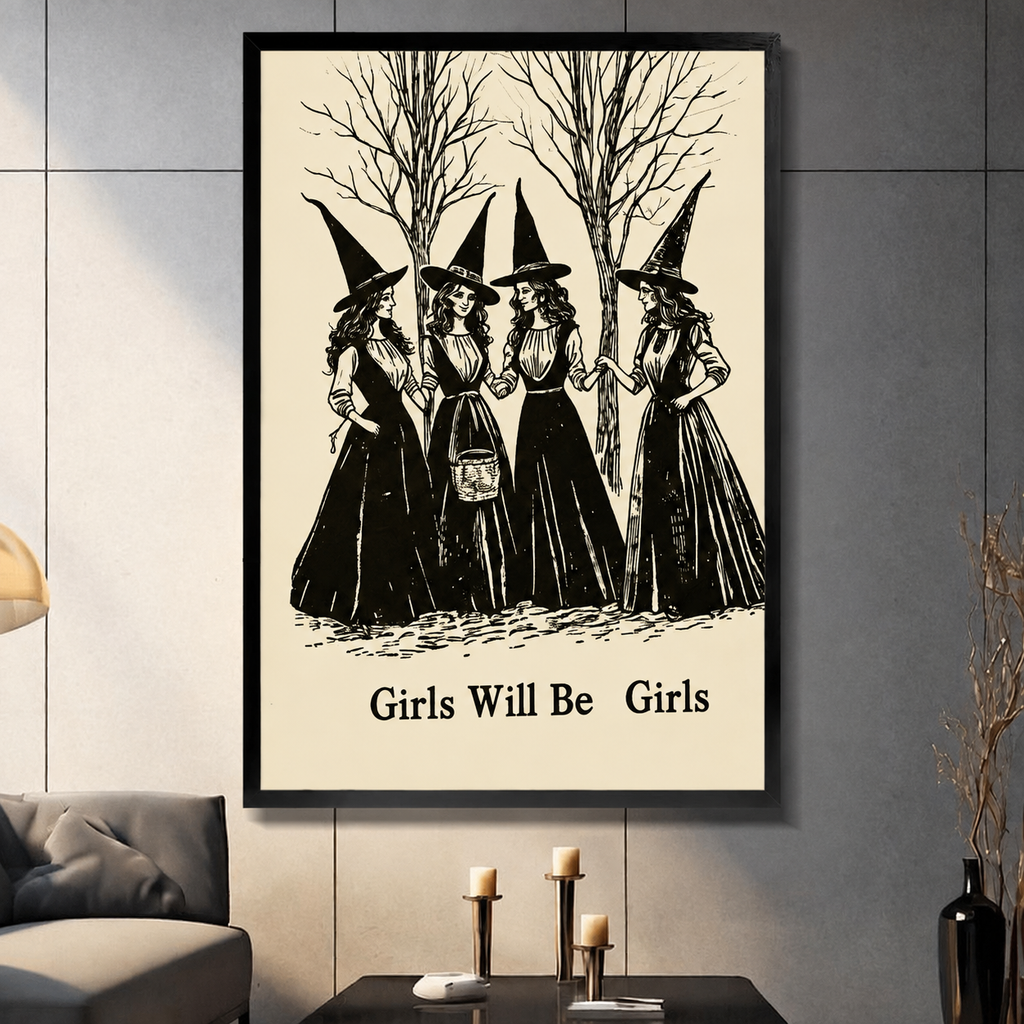 Framed gothic wall art print of four witches in black dresses with pointed hats standing among bare trees, titled Girls Will Be Girls, displayed in a modern living room above a dark coffee table with candles