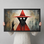 Person holding large gothic red wizard abstract framed canvas art showing size reference against neutral white background