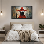 Abstract red wizard with pointed hat framed canvas wall art above bed as dramatic statement piece in neutral modern bedroom