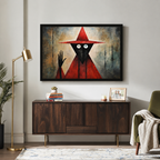 Surreal geometric red wizard black face canvas wall art in black frame above walnut sideboard in eclectic American living room