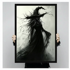 Two hands holding a large black framed gothic dark fantasy witch with a dead branch pointed hat windswept tangled hair and a tattered flowing black gown dramatic monochrome oil painting canvas art print on smoky white gray background, front-facing vertical product size display